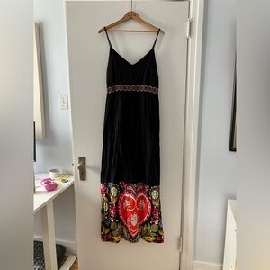 Desigual Boho Black Maxi Dress with Red Heart and Multicolor Hem